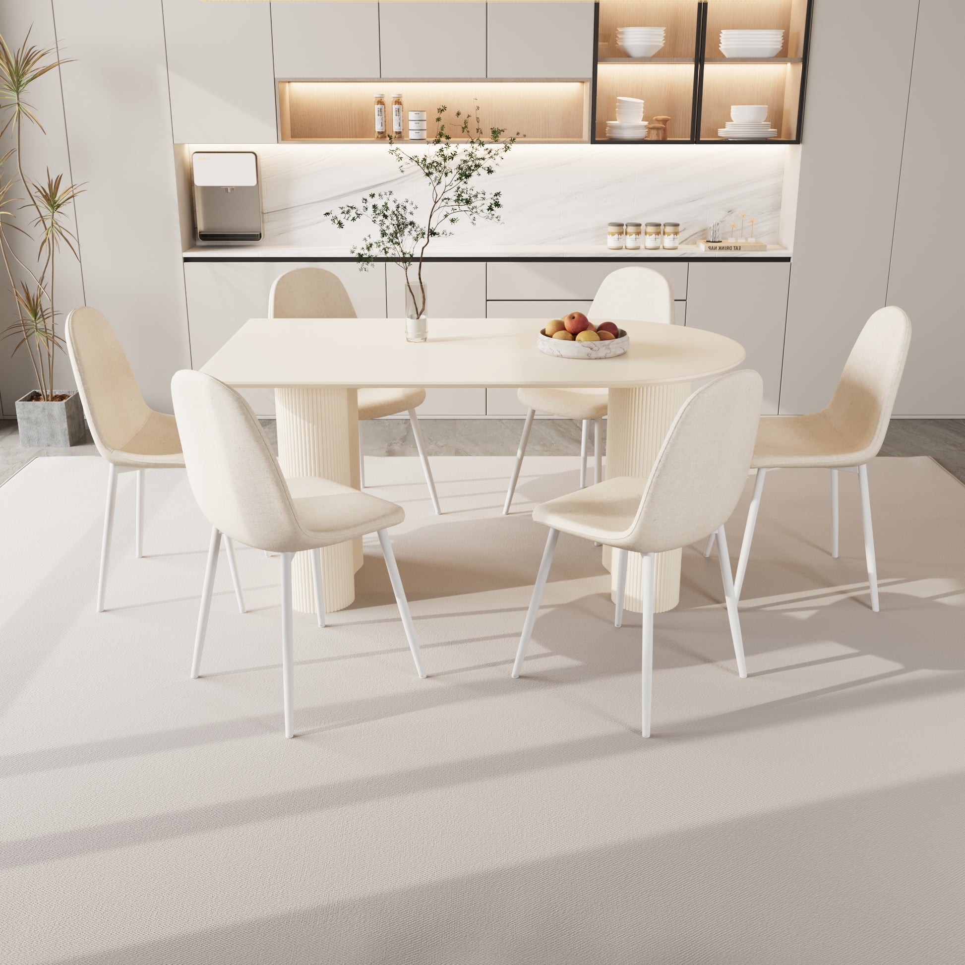 63 "Mdf Cream Style Coffee Table And Modern Dining Chair 8 Piece Set, Modern Kitchen Dining Table Set, Round Wave Table Legs, Dining Table And Round Linen Chairs Buy 6 Chairs And Get 2 Free Beige