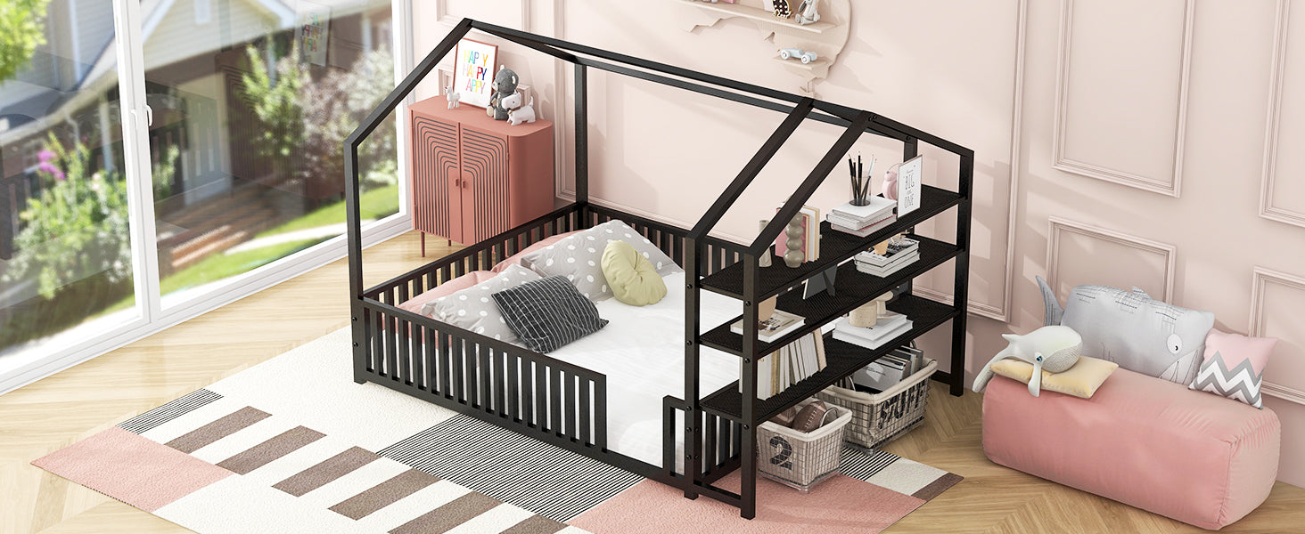 Full Size Metal House Bed With Fence And Detachable Storage Shelves, Black Full Black Metal