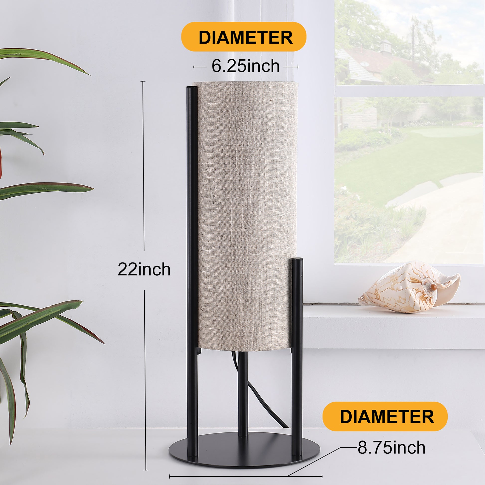 22" H Modern Upright Beige Linen Drum Black Metal Table Lamp For Living Room, Nightstand Bedside Table Lamp For Bedroom, Led Lamp Beige Black Metal