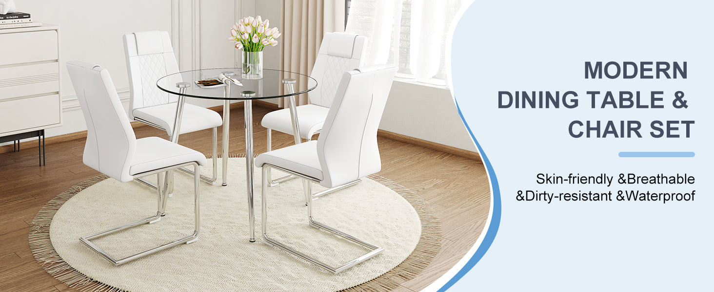 A Modern Minimalist Round Transparent Tempered Glass Table With Silver Metal Legs And 4 Modern Pu Leather High Backed Dining Chairs For A Luxurious Experience. White Seats 4 Glass Metal