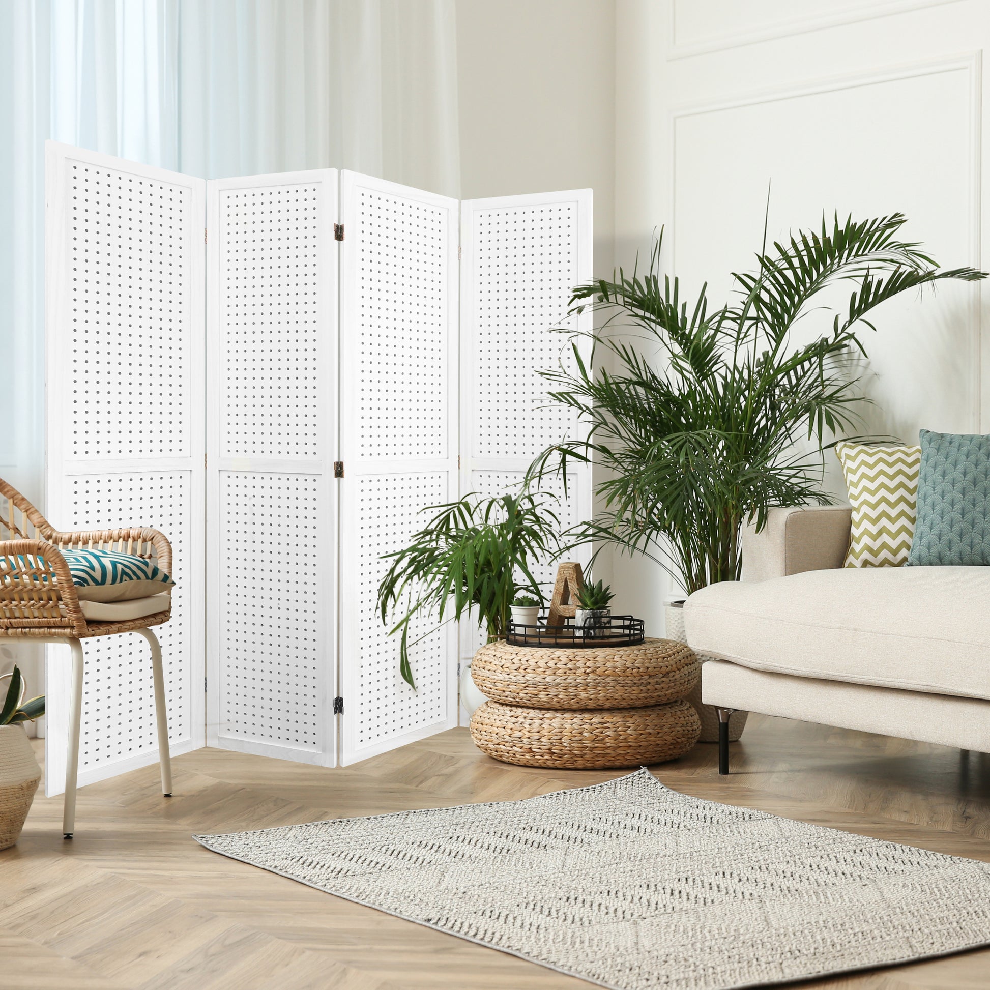 4 Panel Room Divider, 5.6Ft Pegboard Display Wooden Room Divider Folding Privacy Screen Room Divider Freestanding Peg Board Display For Trade Show Craft Show Home Wall Organizer, Elegant White White Modern Wood