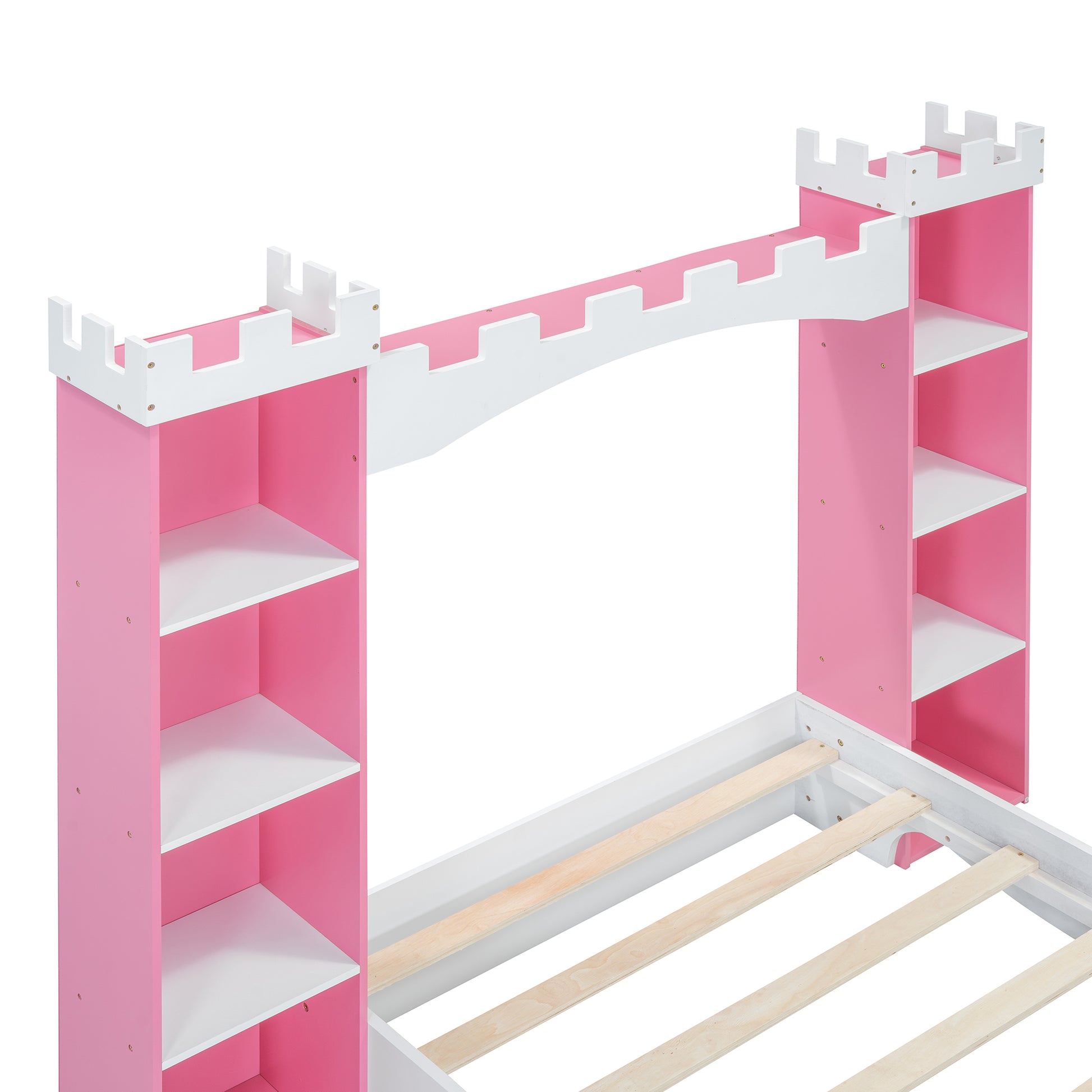 Castle Shaped Wooden Bed With Storage Shelf, Dreamy Twin Size Platform Bed For Kids Bedroom, White Pink Expected Arrival Time:8.14 Twin White Pink Wood