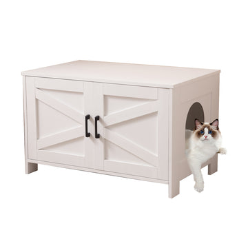 Cat Litter Box Enclosure, Litter Box Furniture Hidden With Barn Door, Wooden Cat Washroom Furniture, Cat House, End Table, Fit Most Of Litter Box, White White Engineered Wood