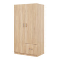 Wooden Wardrobe With Double Doors, Armoire With Hanging Rod, 5 Fixed Shelves, One Storage Drawer,Natural Natural Wood Particle Board