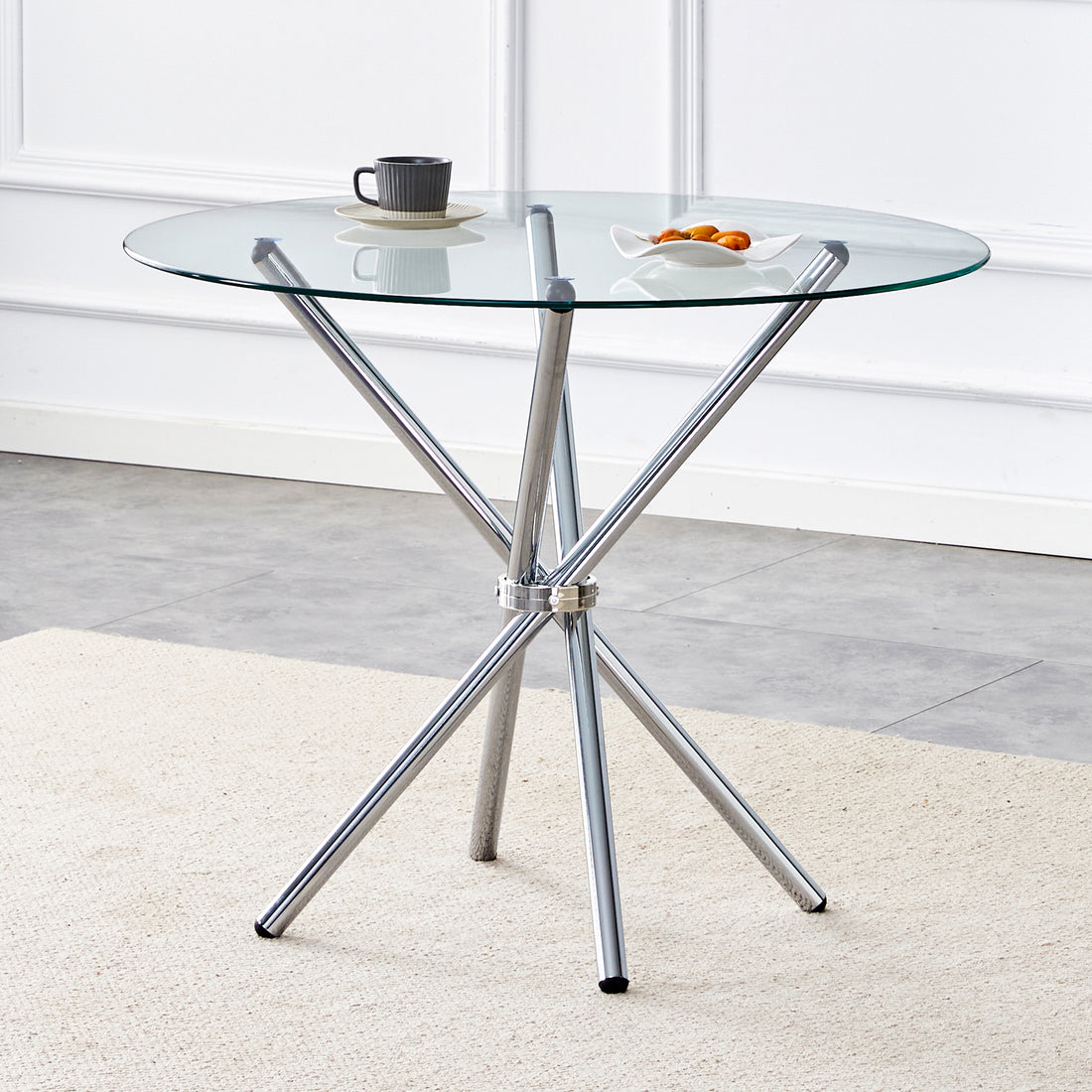 Round Clear Glass Dining Table With A Unique Shape For 4 6 People, With Ring Shaped Gathered Silver Metal Legs, Suitable For Desks, Kitchens, Terraces, Dining Rooms. Silver Glass Metal