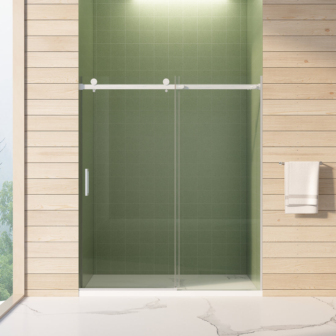 56" 60"W X 70"H Frameless , Sliding , With Premium 5 16" 8Mm Thick Tempered Glass Shower Enclosure,Double Side Easy Clean Coat,Brushed Nickel Finished With Buffer Brushed Nickel Bathroom American