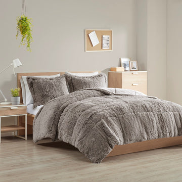 Shaggy Long Fur Comforter Mini Set Twin Grey Polyester