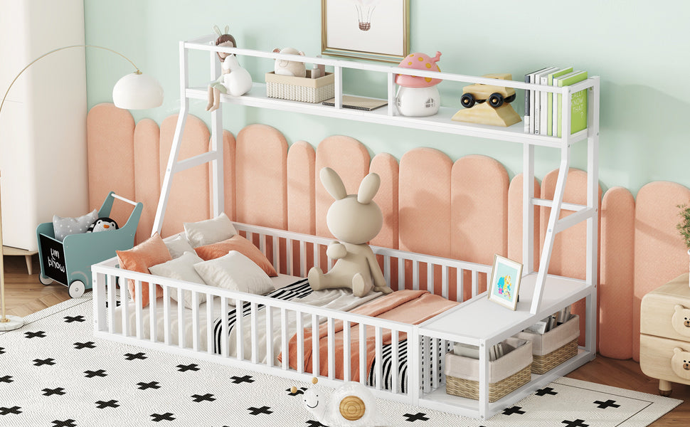 Twin Size Floor Bed Frame With Safety Fence, Metal Floor Bed With Desk And Storage Shelves, Playhouse For Kids, White Twin Off White Metal