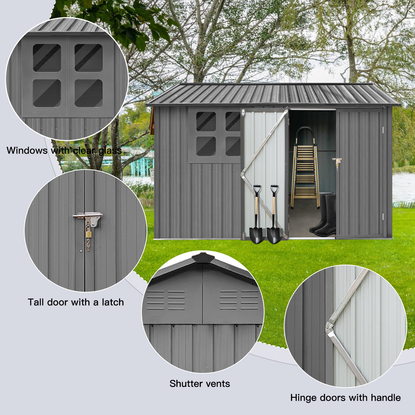 Metal Garden Sheds 6Ftx8Ft Outdoor Grey With Window Grey Metal