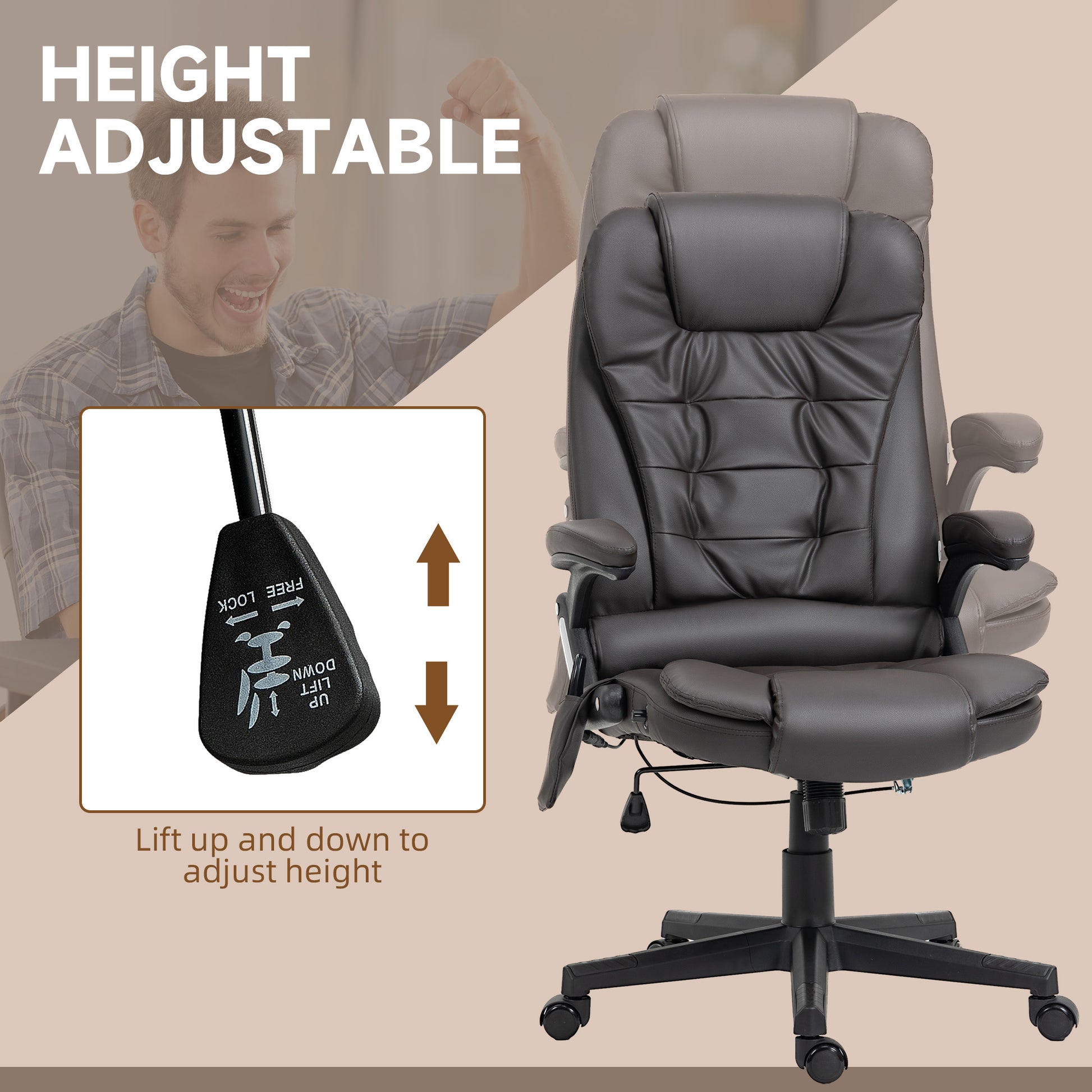 Homcom High Back Vibration Massage Office Chair With 6 Vibration Points, Heated Reclining Pu Leather Computer Chair With Armrest And Remote, Dark Brown Brown Pu