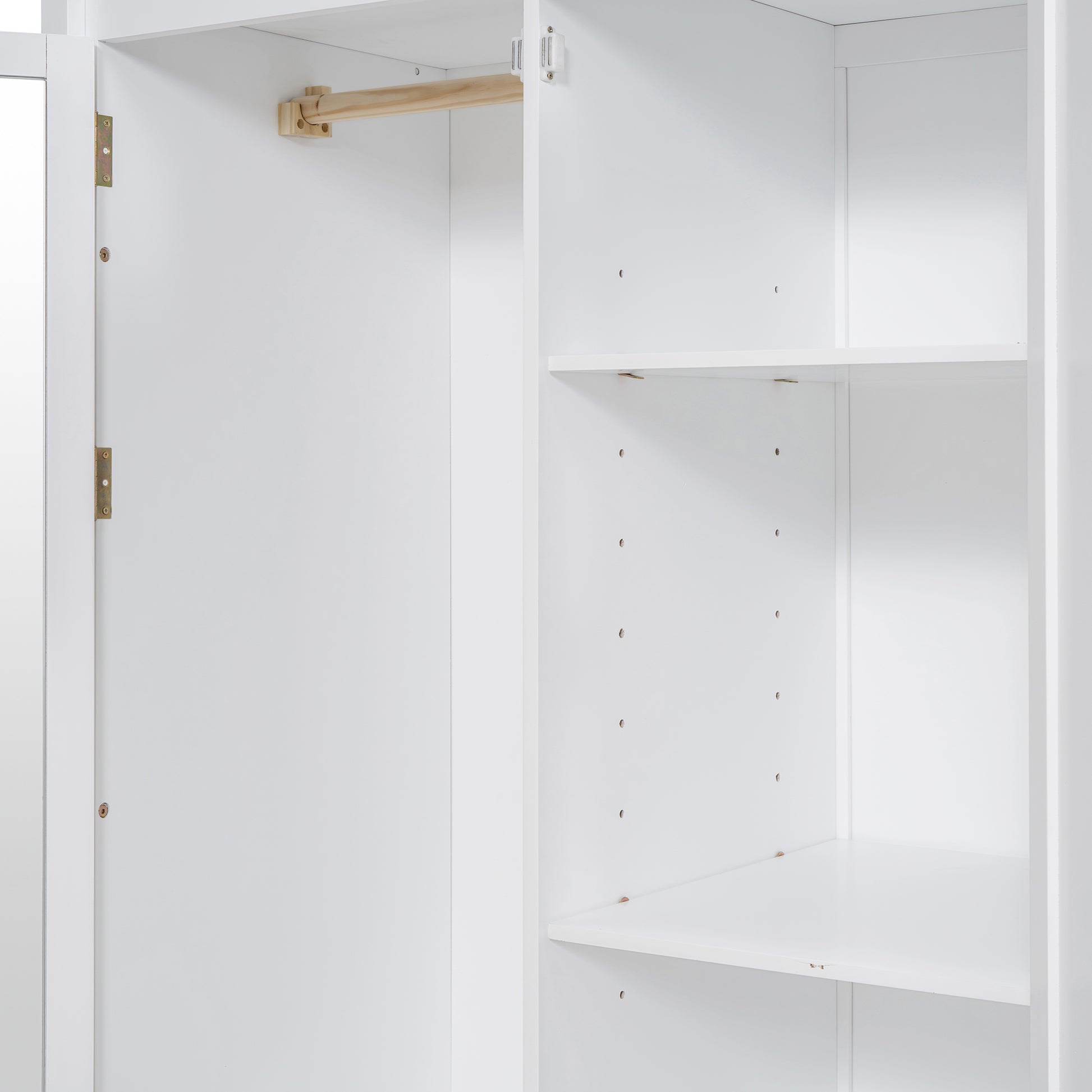 Twin Size Loft Bed With Drawer, Two Wardrobes And Mirror, White White Solid Wood Mdf