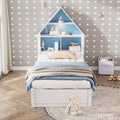 Twin Size House Shaped Bed With Bookcase Headboard And Led Light And Twin Size Trundle For Kids Boys Girls, Blue White Box Spring Not Required Twin White Blue Wood Bedroom Cute Bed Frame Wood