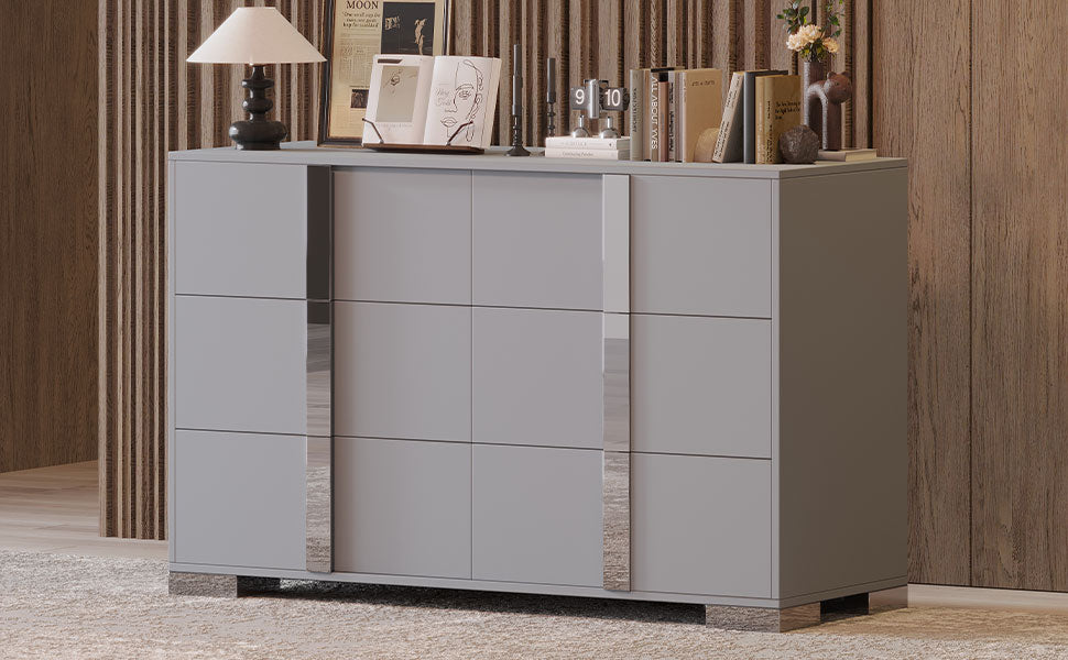 Elegant Modern Dresser With Metal Handle,Mirrored Storage Cabinet With 6 Drawers For Bedroom,Living Room,Grey Grey Mdf Metal