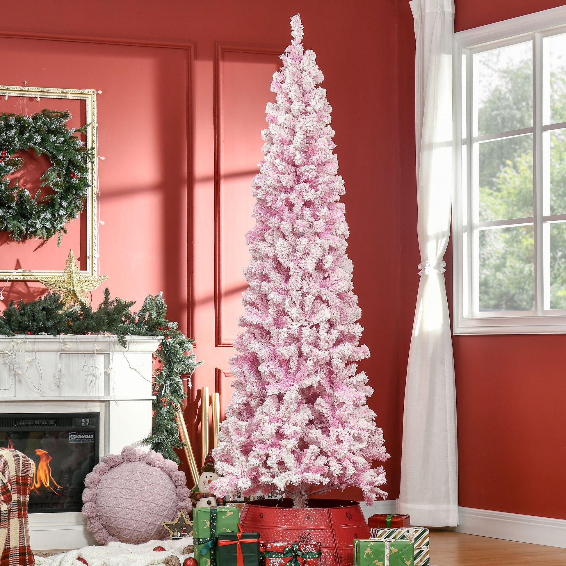 Homcom 7.5' Tall Unlit Snow Flocked Artificial Christmas Tree Slim Pencil Xmas Tree With Pine Shape And Realistic Branches, Pink Pink Plastic