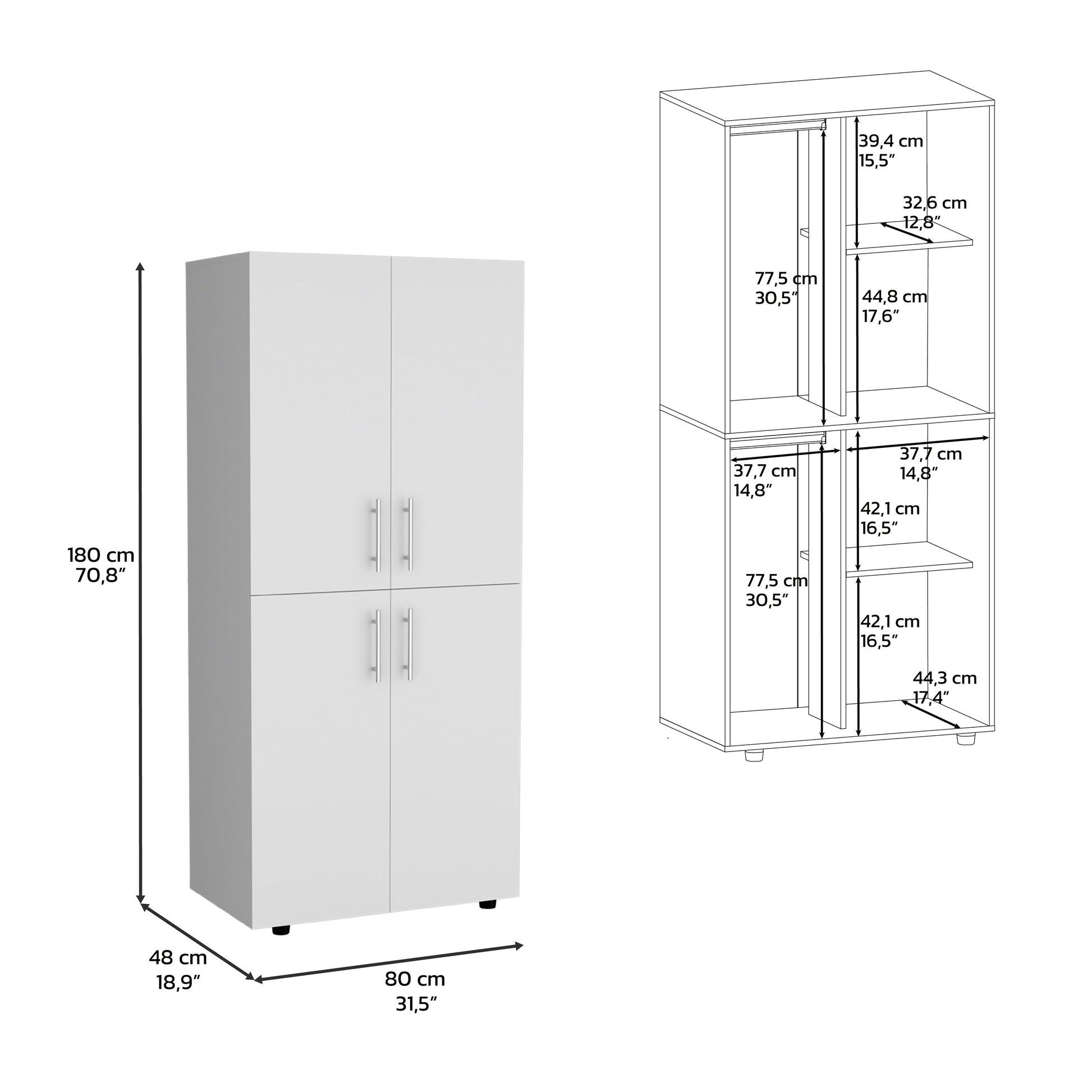 Armoire Wardrove 70" H, Double Doors, 6 Shelves, 2 Hanging Rods, White White Solid Wood Mdf Engineered Wood