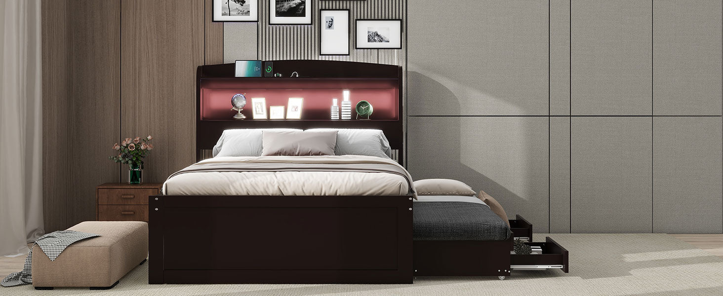Twin Xl Size Platform Bed With Storage Led Headboard, Charging Station, Twin Size Trundle And 2 Drawers, Dark Brown Box Spring Not Required Twin Xl Dark Brown Wood Bedroom Bed Frame Solid Wood Mdf