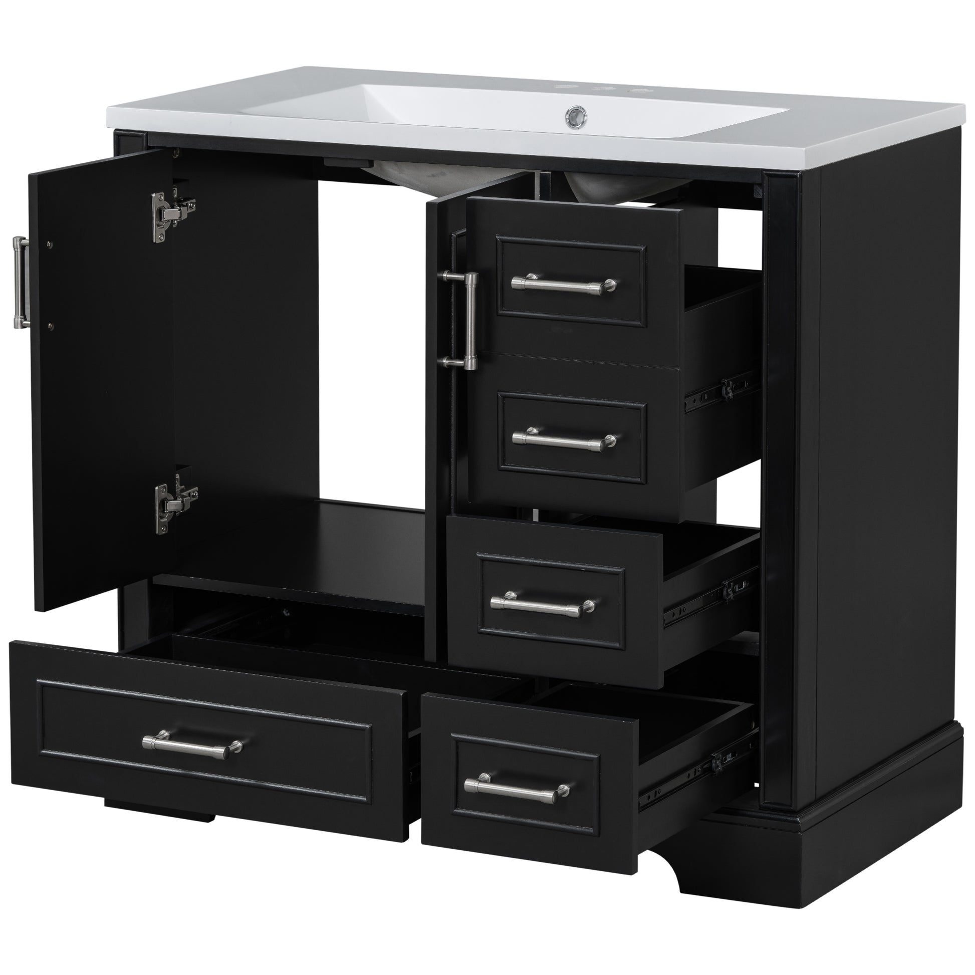 36 Inch Traditional Bathroom Vanity With Resin Sink Combo Set, Black Bathroom Cabinet With Two Doors And Four Drawers Black Bathroom Solid Wood Mdf Resin