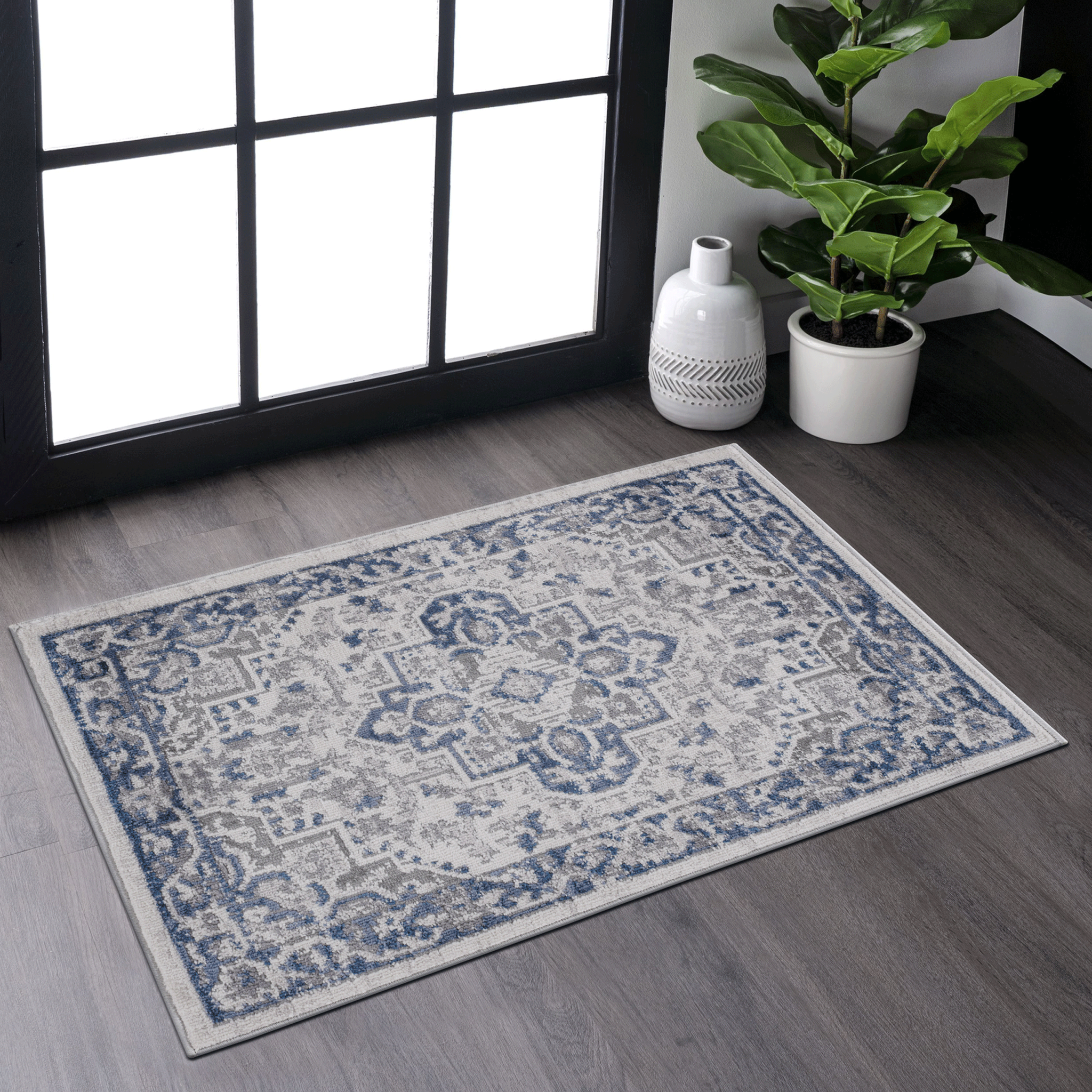 Naar Marfi Collection 2X3 Blue Grey Oriental Non Shedding Living Room Bedroom Dining Home Office Stylish And Stain Resistant Area Rug Blue Grey Polyester