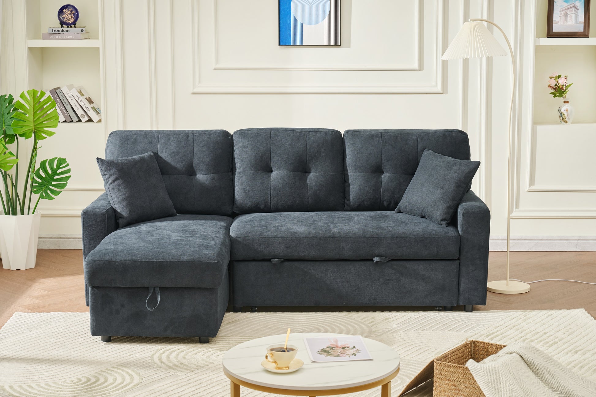 Sectional Sofa Bed L Shaped Sofa Couch Bed With Usb Port, Reversible Sofa Couch Sleeper With Pull Out Bed, Chaise With Storage, Pull Out Couch For Living Room Black Wood Fabric 3 Seat