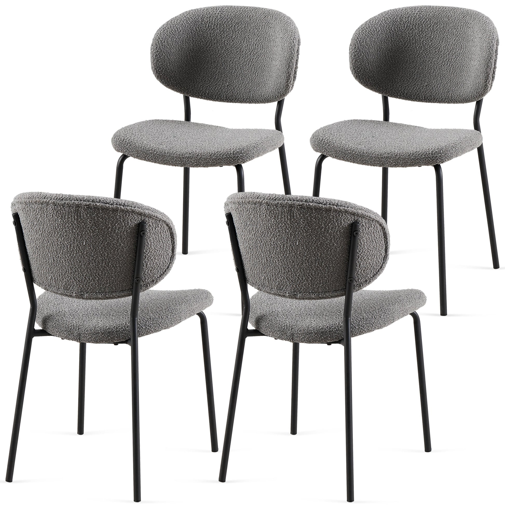 Grey Boucle Fabric Dining Chairs Set Of 4, Modern Dining Room Chairs With Black Metal Legs, Armless Kitchen Chair For Dining Room, Living Room Metal Plaid Gray Dining Room Powder Coated Foam Dry Clean Modern Dining Chairs Solid Back Foam Boucle