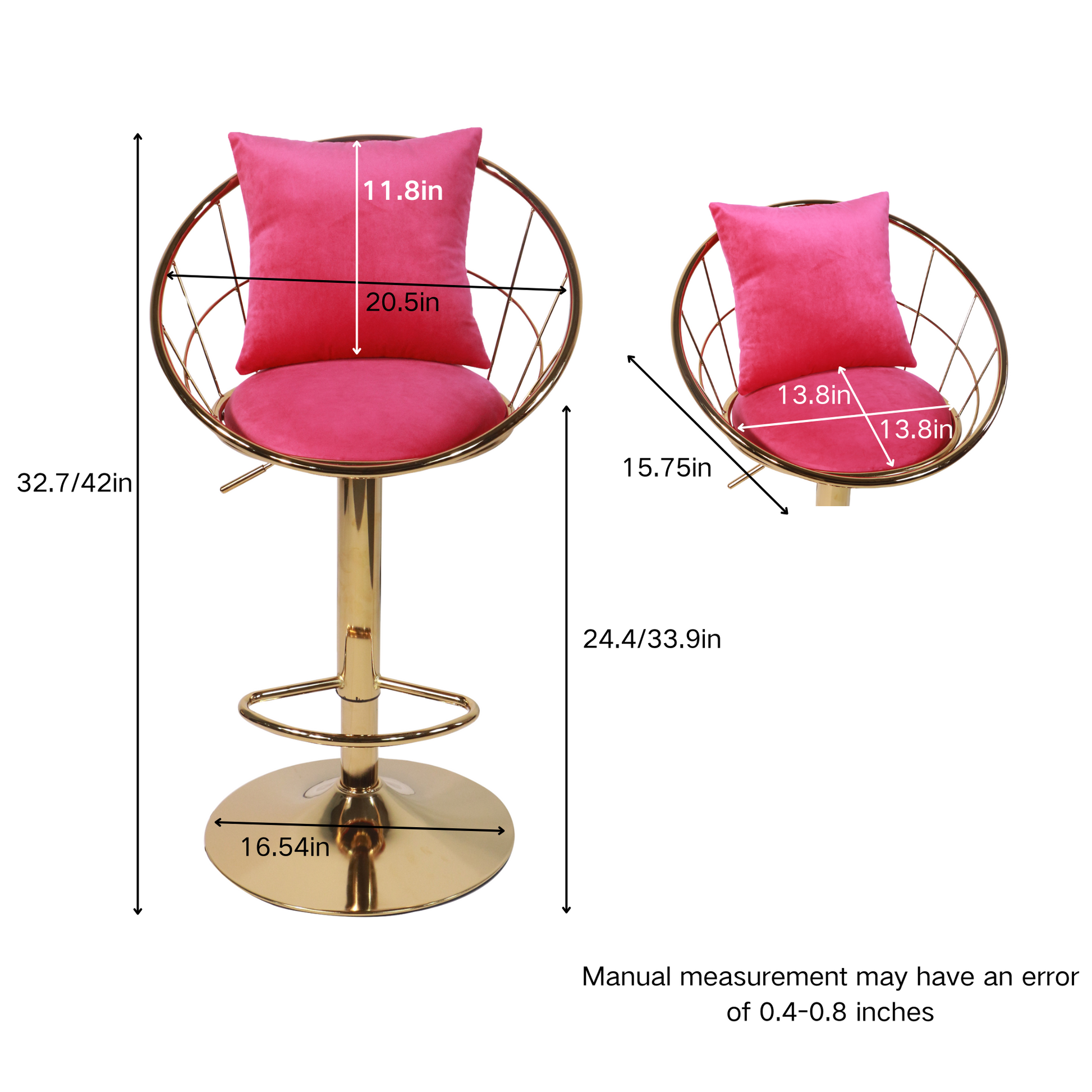 Rose Red Velvet Bar Chair, Pure Gold Plated, Unique Design,360 Degree Rotation.Adjustable Height,Suitable For Dinning Room And Bar,Set Of 2 Rose Red Velvet