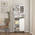 Tall Storage Show Cabinet With 2 Glass Display Door & 2 Doors, Tall Kitchen Pantry Cabinet With Gold Handles, Modern Cabinet Freestanding For Bathroom, Dining Living Room, White White Mdf