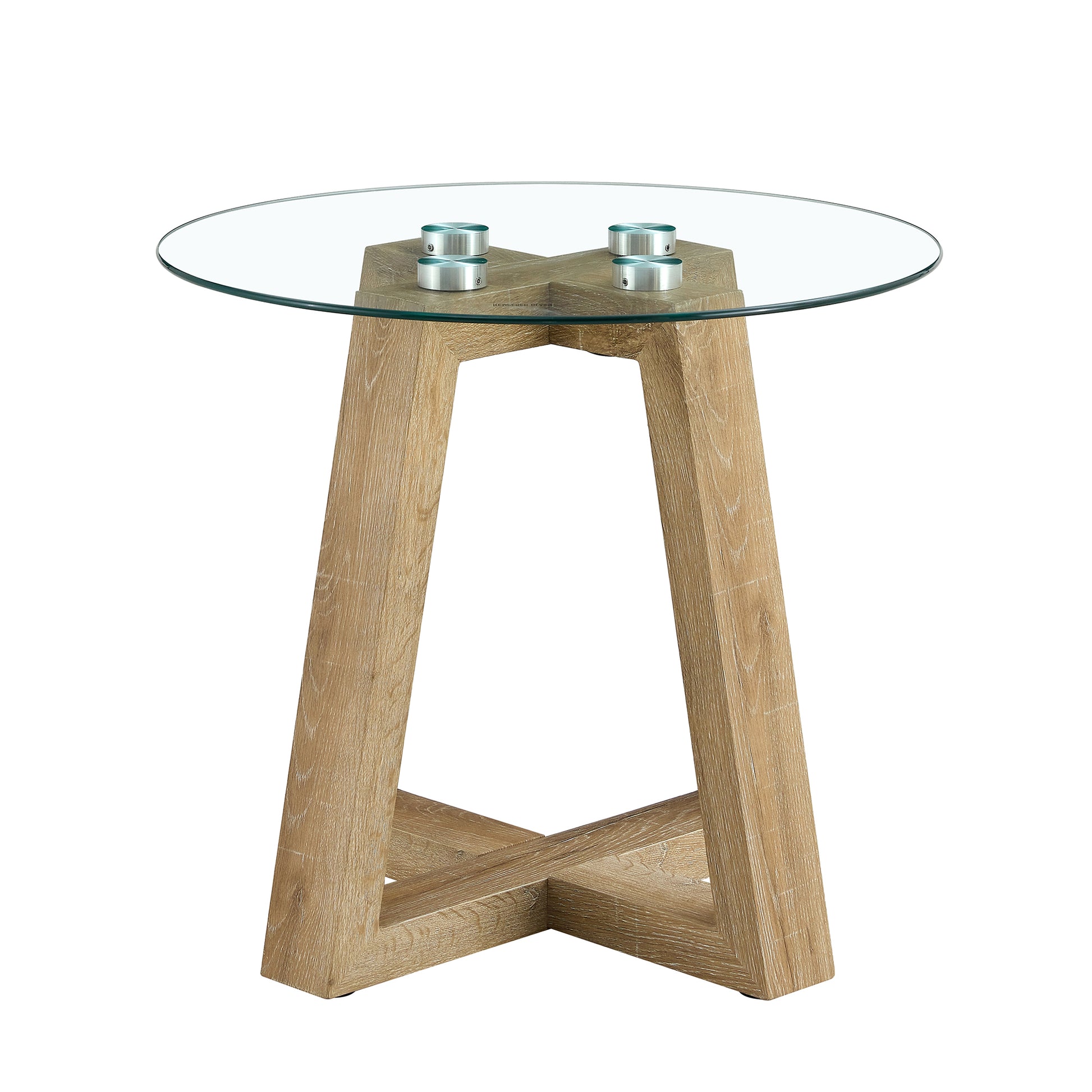 Modern And Practical Round Table. Made Of Clear Tempered Glass Top And Wood Coloured Mdf Material. Suitable For Living Rooms And Bedrooms. Wood Mdf Glass