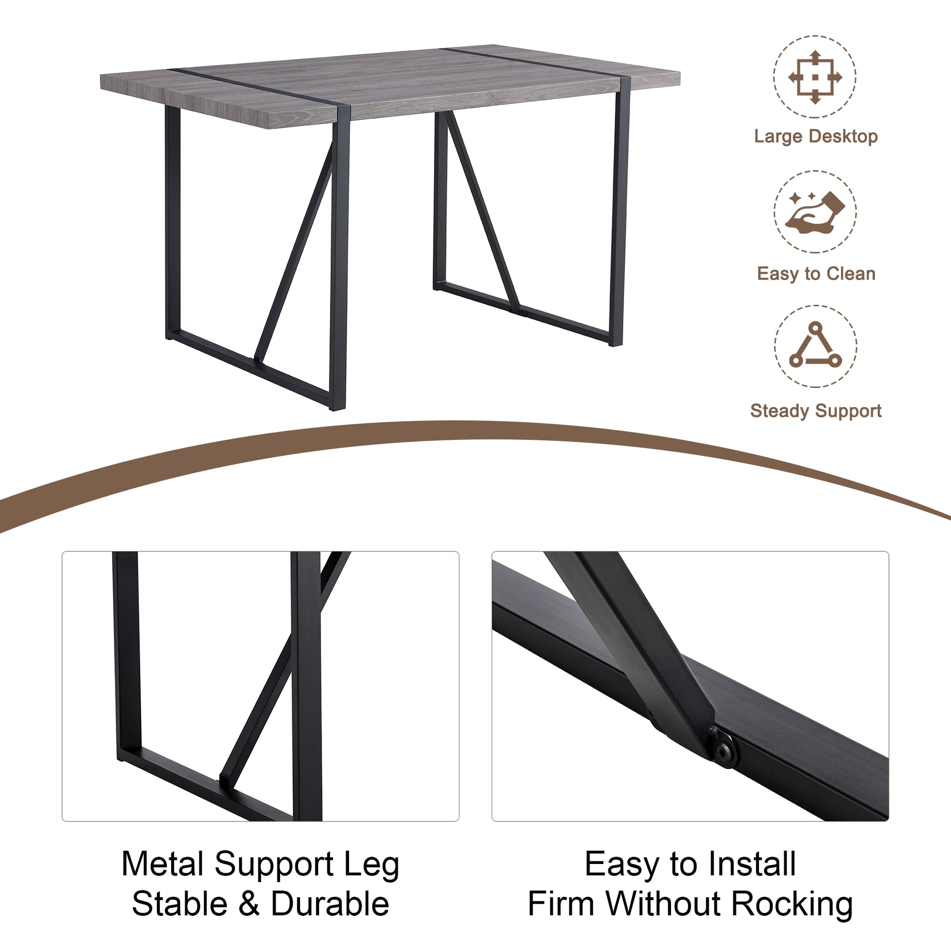Table And Chair Set, Textured Top In Vintage Retro Grey Wood Grain Desktop, Black Metal Legs. Dining Chair With White Faux Leather Backrest Cushion With Black Metal Legs. Gray,Wood Seats 4 Mdf Metal