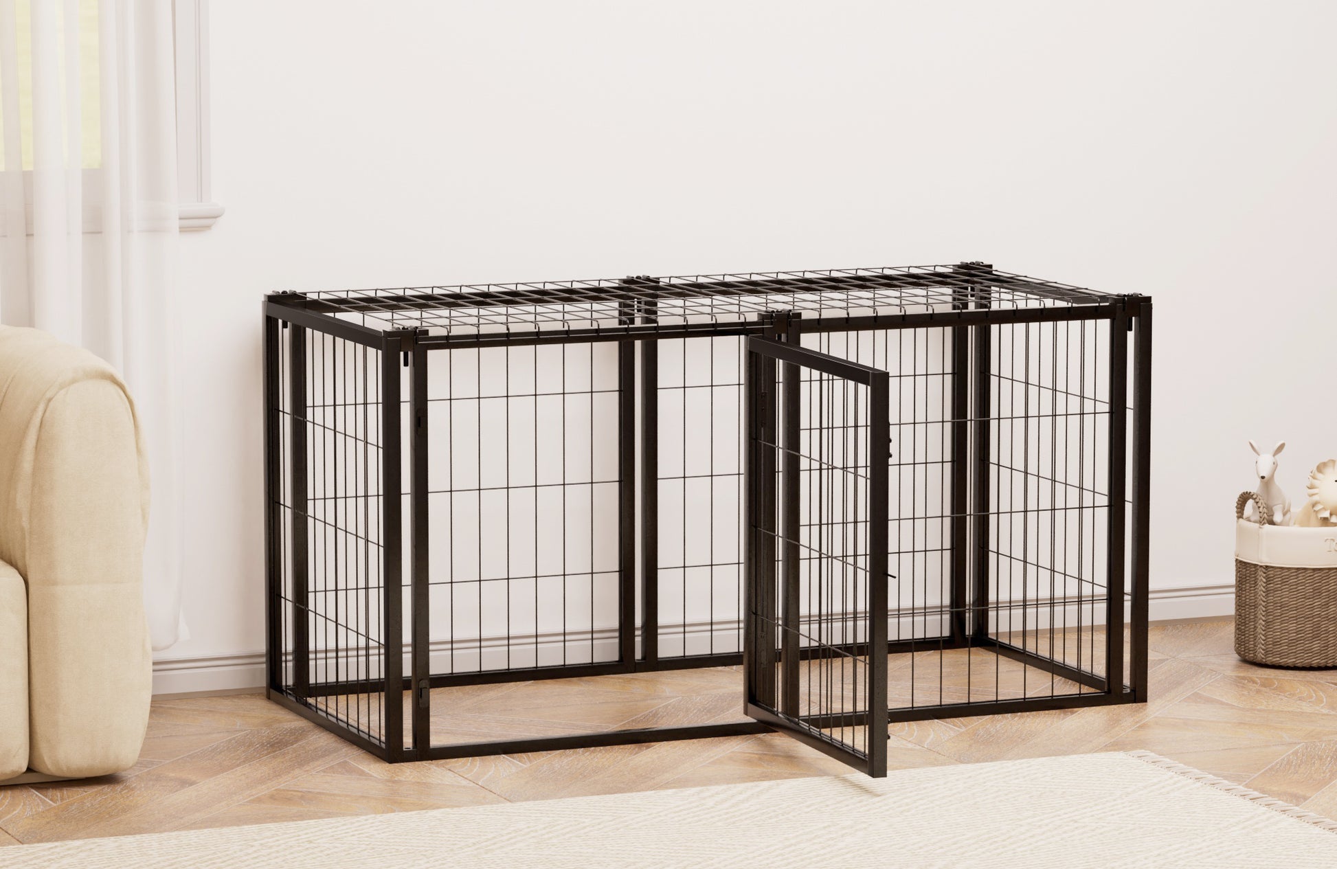 Dog Crate 47.2" Dog Kennel For Small Medium Dogs, Puppy Dog Playpen With Top, Pet Cage, Indoor, Black.47.2"L X 22"W X 24"H. Black Iron