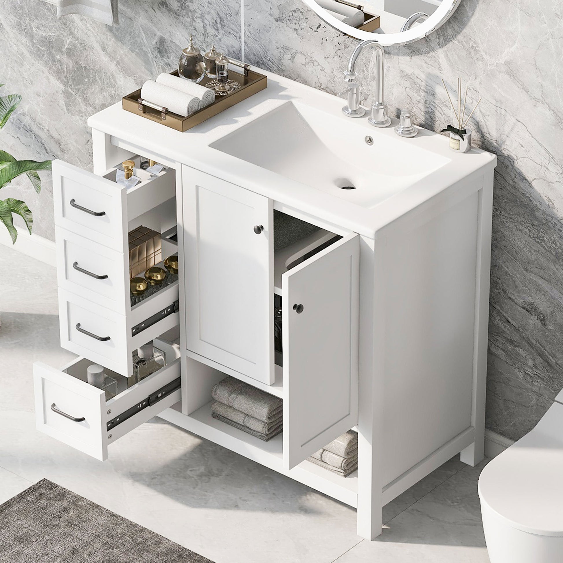 36" Bathroom Vanity With Sink Top, Bathroom Vanity Cabinet With Two Doors And Two Drawers, Solid Wood, Open Shelf, Mdf Boards, One Package, White White Solid Wood Mdf