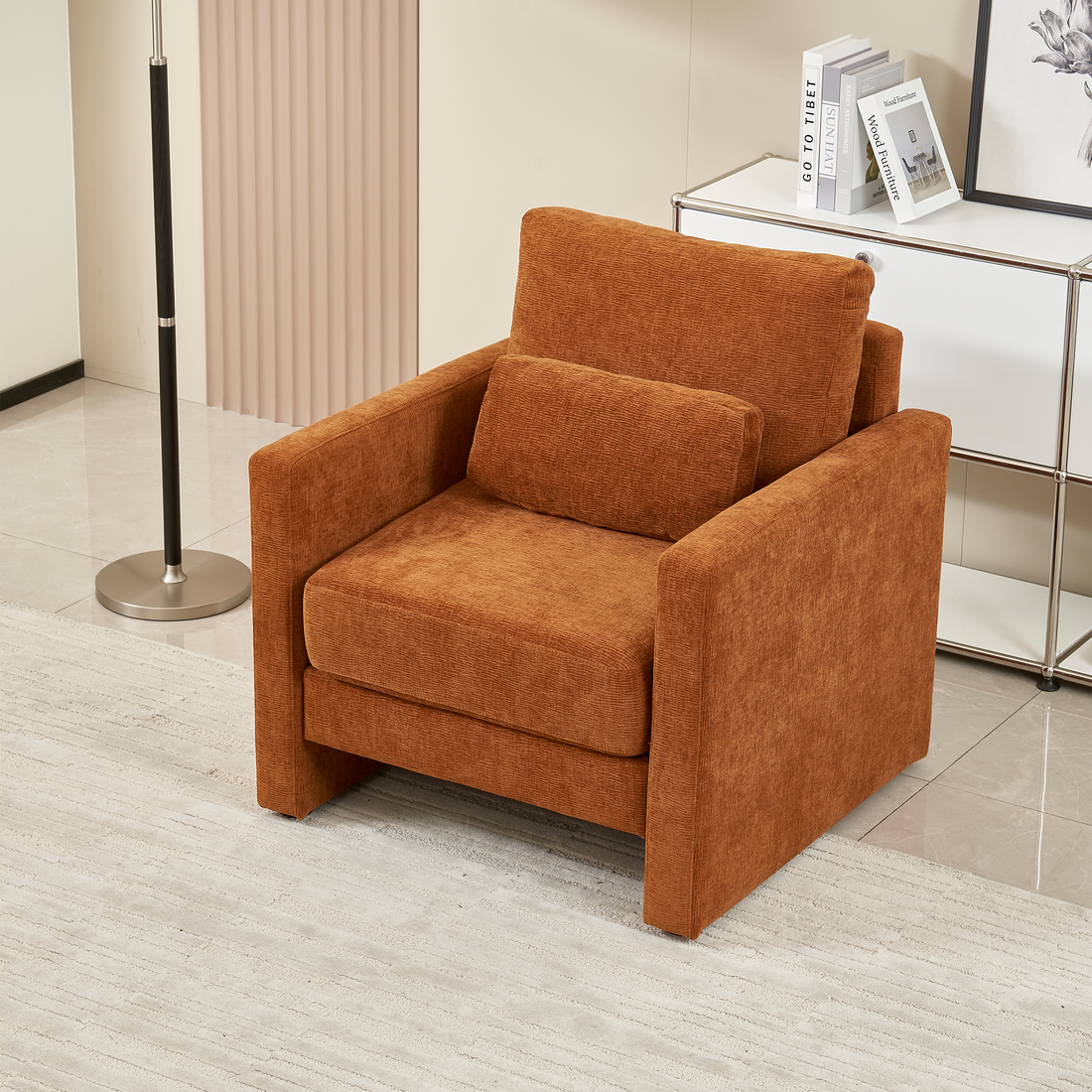 Modern Accent Chair, Chenille Upholstery Armchair Modern Style, Solid Wood Frame Ideal For Living Room, Bedroom, Office Orange Foam Wood Fabric 1 Seat