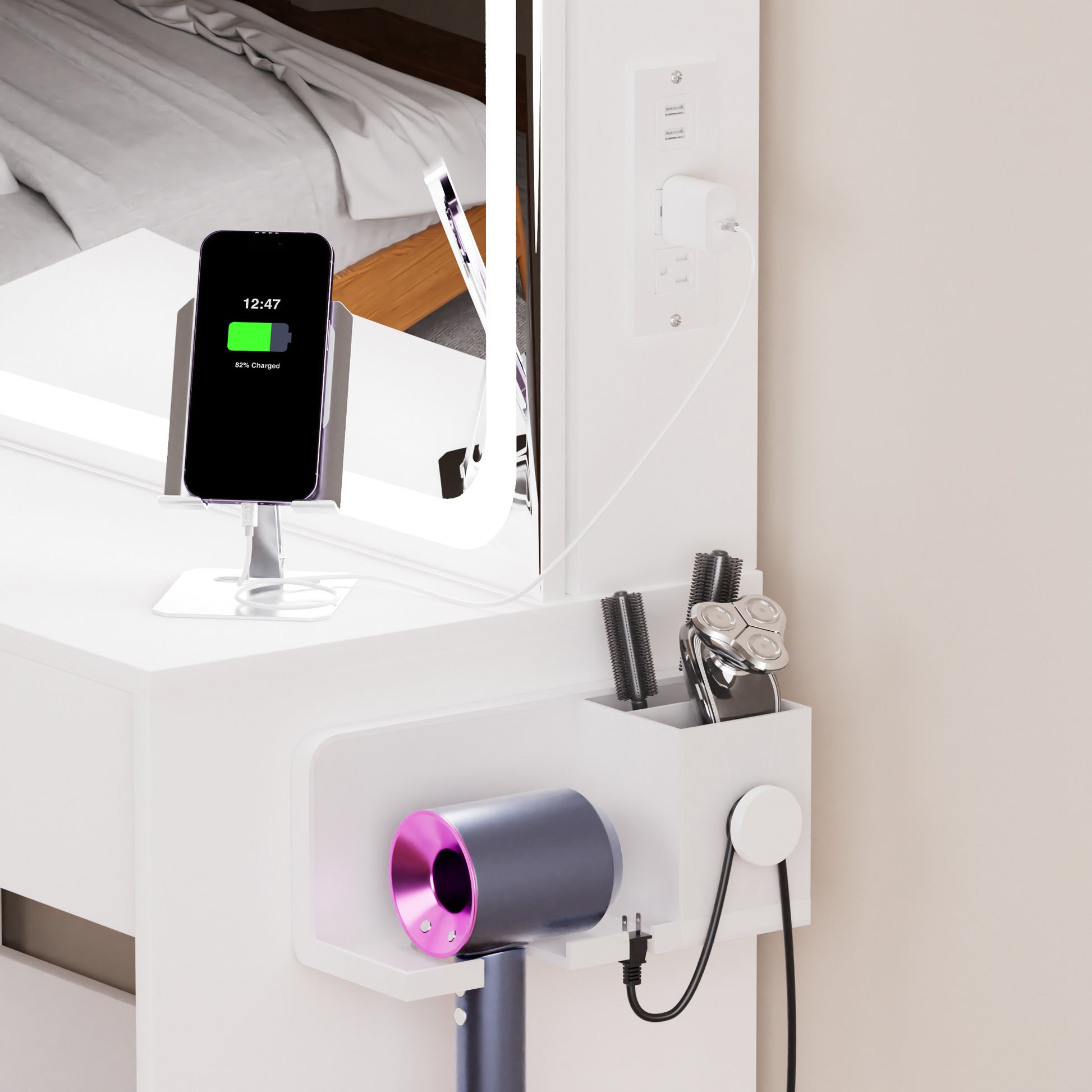 Vanity Table With Led Lit Mirror With Power Outlet And Hairdryer Shelving, With 4 Drawers And Upholstered Stool, Brightness Adjustable In 3 Lighting Modes, Storage Table, White,43.3"L *15.7"W