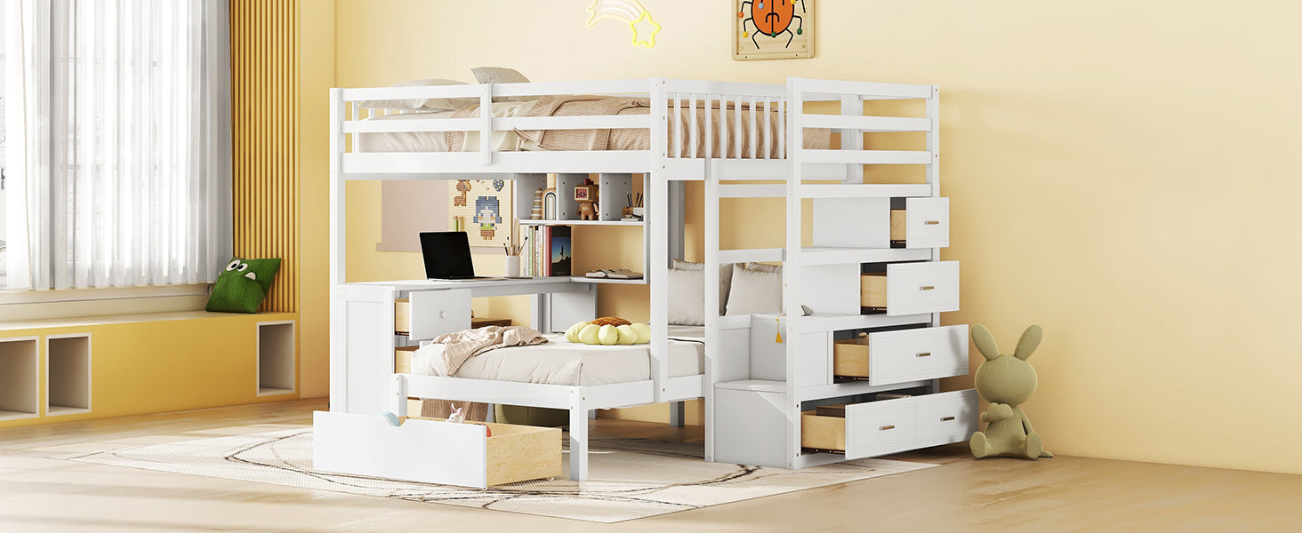 Full Over Twin Bunk Bed With Desk, Drawers And Shelves, White White Solid Wood