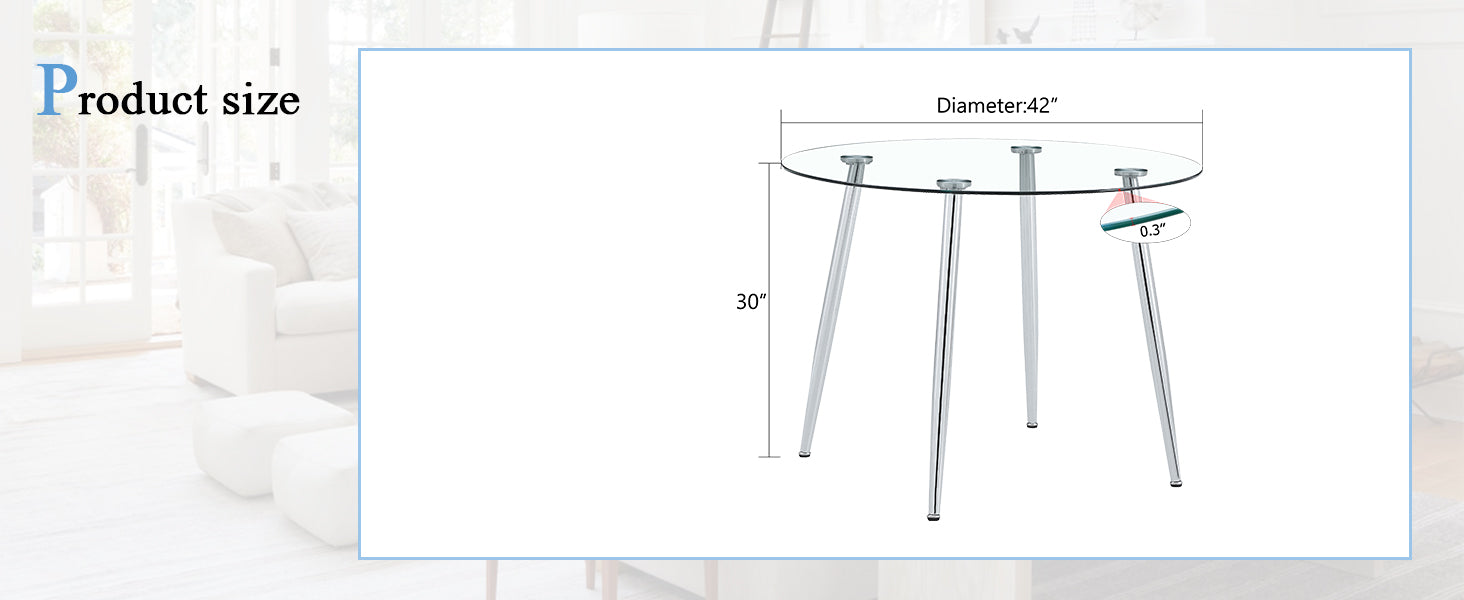 Round Dining Table With Glass Top, Silver Metal Legs, Exquisite Life, Starting From The Details, The Silver Legs Show An Extraordinary Texture, Which Is The Finishing Touch To Your Home Transparent Glass Metal