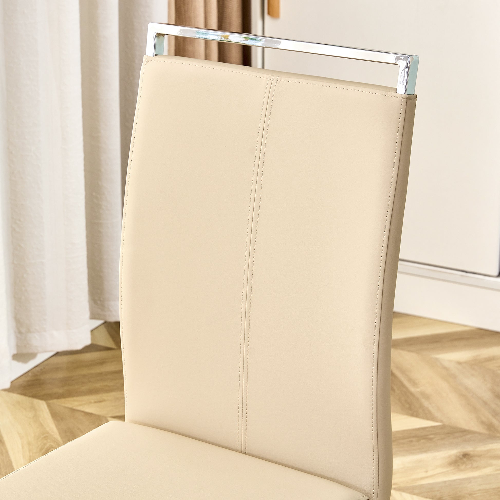Table And Chair Set.Modern Minimalist Luxury Mdf Rectangular Dining Table With Light Yellow Textured Stickers On The Table, 6 Pu Synthetic Leather High Backrest Soft Cushioned Side Chairs. Light Yellow Seats 6 Mdf