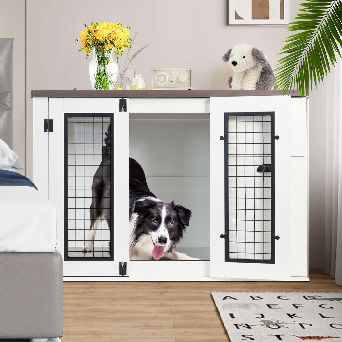 Furniture Style Dog Cage, Wooden Dog Cage, Double Door Dog Cage, Side Cabinet Dog Cage, Dog Crate White Deep Walnut American Design Particle Board