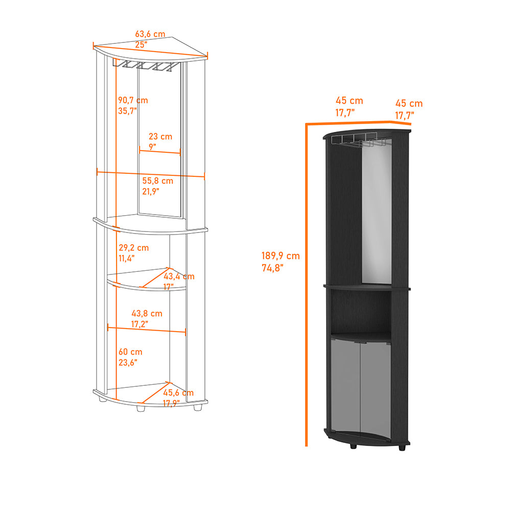 Chicago 75" H Mirrored Corner Bar Cabinet, With Glass Doors, Two Shelves And Stemware Black Black Particle Board