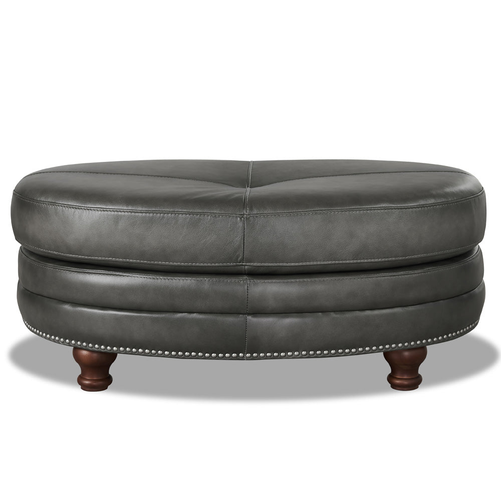 Belfast Top Grain Leather Oval Ottoman Wood Primary Living Space Solid Grey Eucalyptus Wood Nailhead Trim Gray Genuine Leather Genuine Leather Medium Firm Backless Mid Century Modern Oval Armless