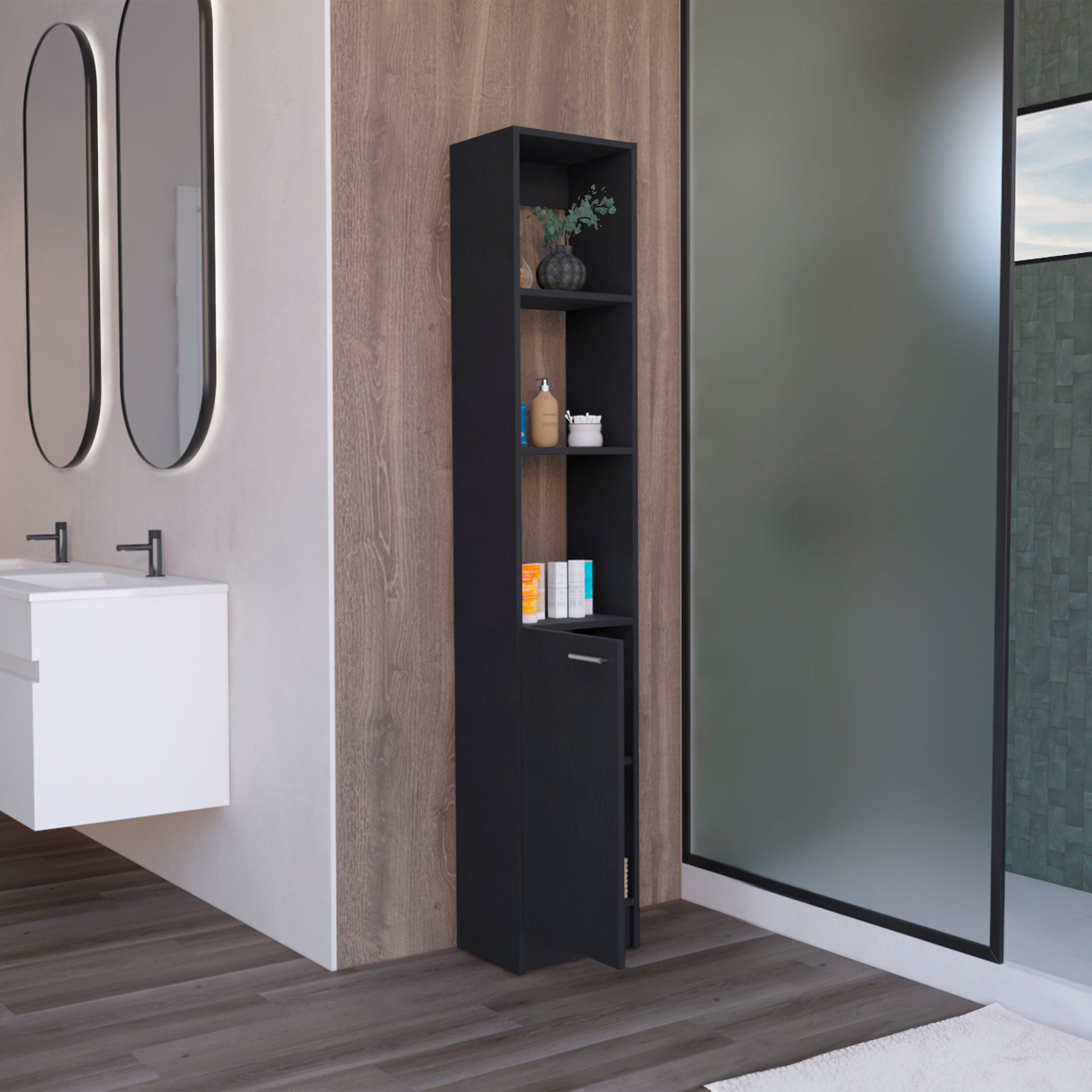 Parks Linen Bathroom Storage Cabinet With One Doors, Tall Bathroom Cabinet With 6 Shelves, For Bathroom, Living Room, Kitchen Black 1 5 Bathroom Freestanding Modern Particle Board Engineered Wood