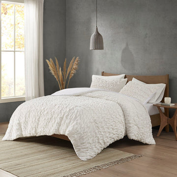 Ruched Fur Down Alternative Comforter Set King Ivory Polyester