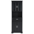 Tall Bathroom Cabinet With Four Doors, Large Storage Space Open Shelve, Upper Storage Cabinet, Black Black Mdf