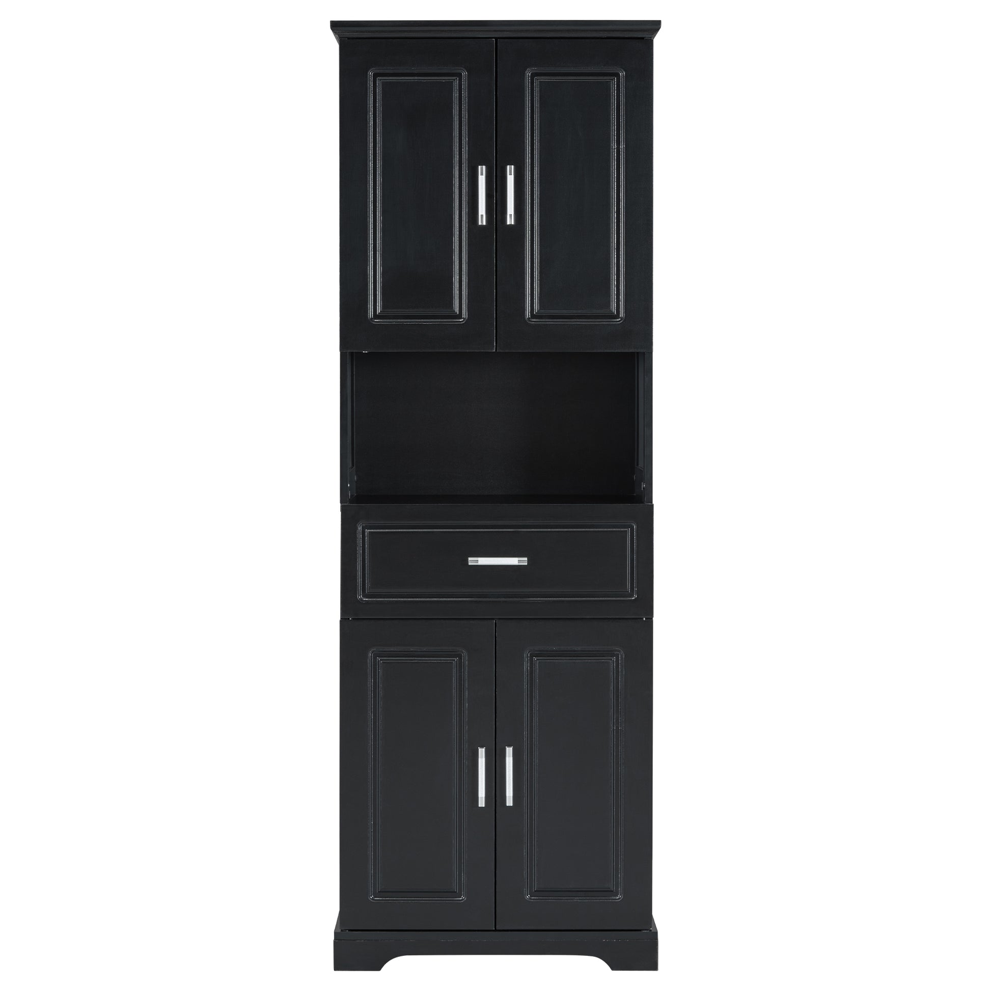 Tall Bathroom Cabinet With Four Doors, Large Storage Space Open Shelve, Upper Storage Cabinet, Black Black Mdf