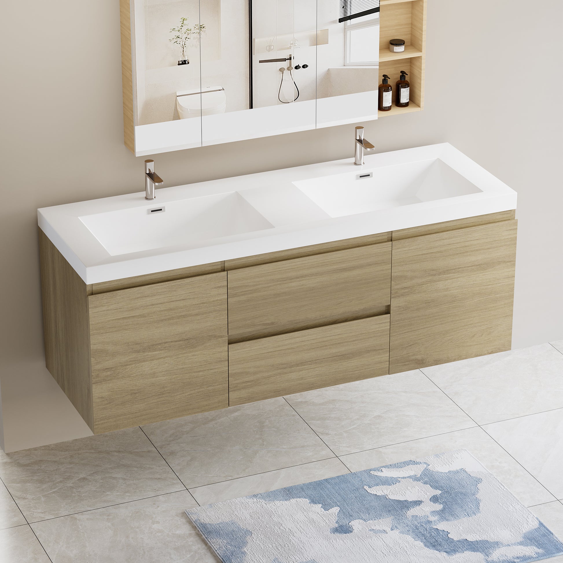 60" Floating Bathroom Vanity With Sink, Modern Wall Mounted Bathroom Storage Vanity Cabinet With Double Resin Top Basins And Soft Close Drawers, Natural Oak 24V11 60Dno Oak Wood