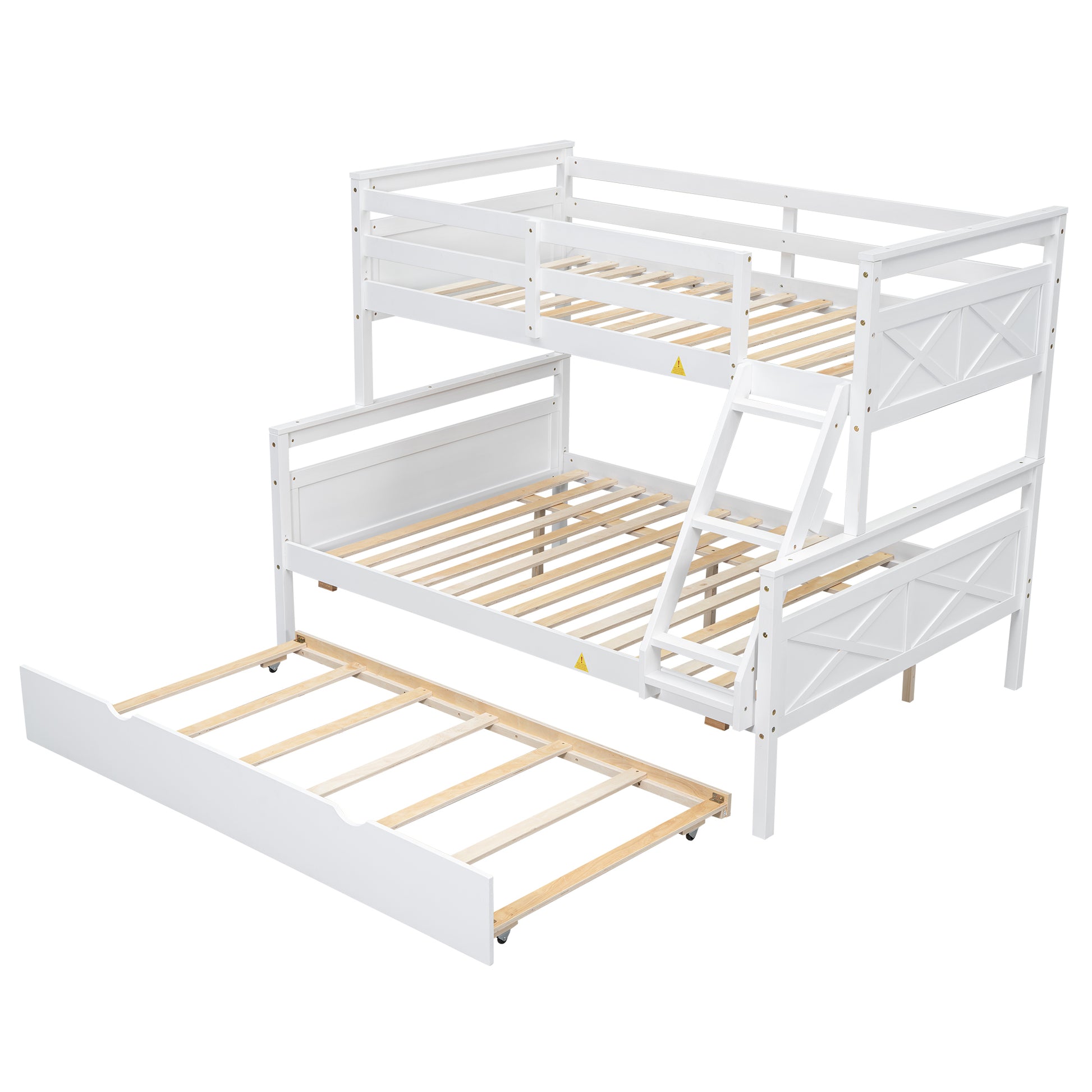 Twin Over Full Bunk Bed With Ladder, Twin Size Trundle, Safety Guardrail, White Box Spring Not Required Twin White Wood Bedroom Bunk Pine