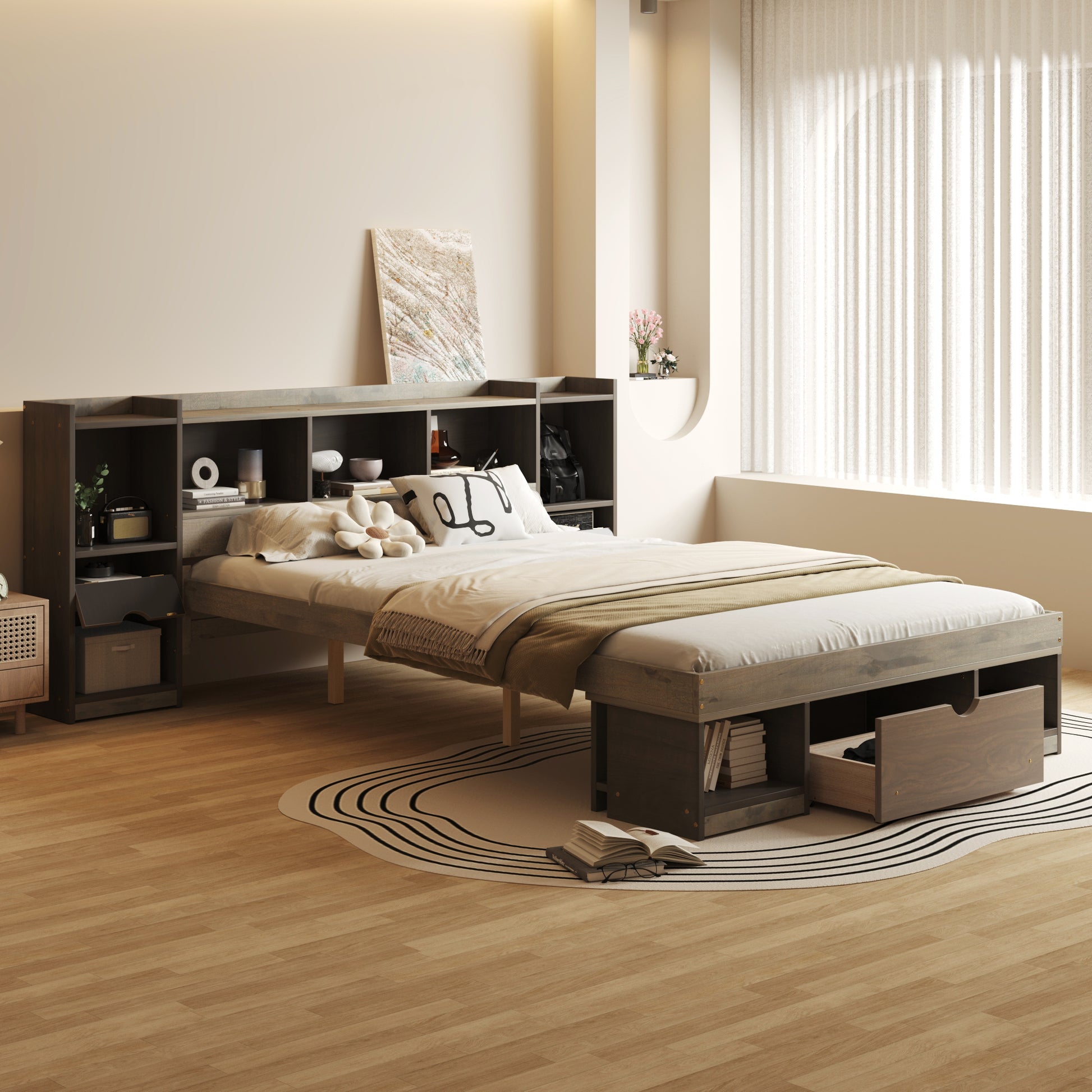 Queen Size Wood Platform Bed With Multi Storage Headboard And A Drawer, Gray Box Spring Not Required Queen Gray Wood Bedroom Bed Frame Solid Wood Mdf