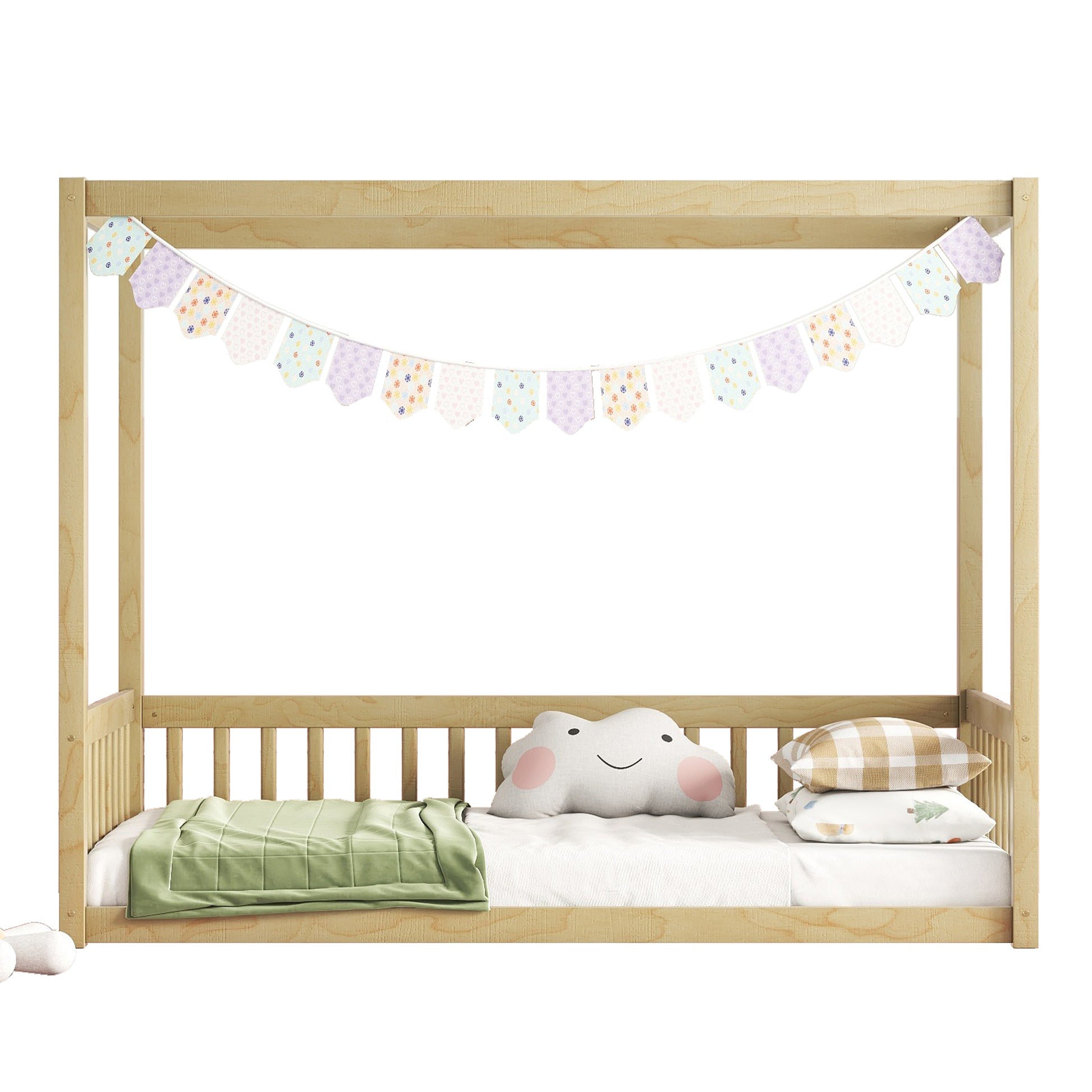 Twin Size Canopy Frame Floor Bed With Fence, Guardrails,Natural Twin Natural American Design Pine