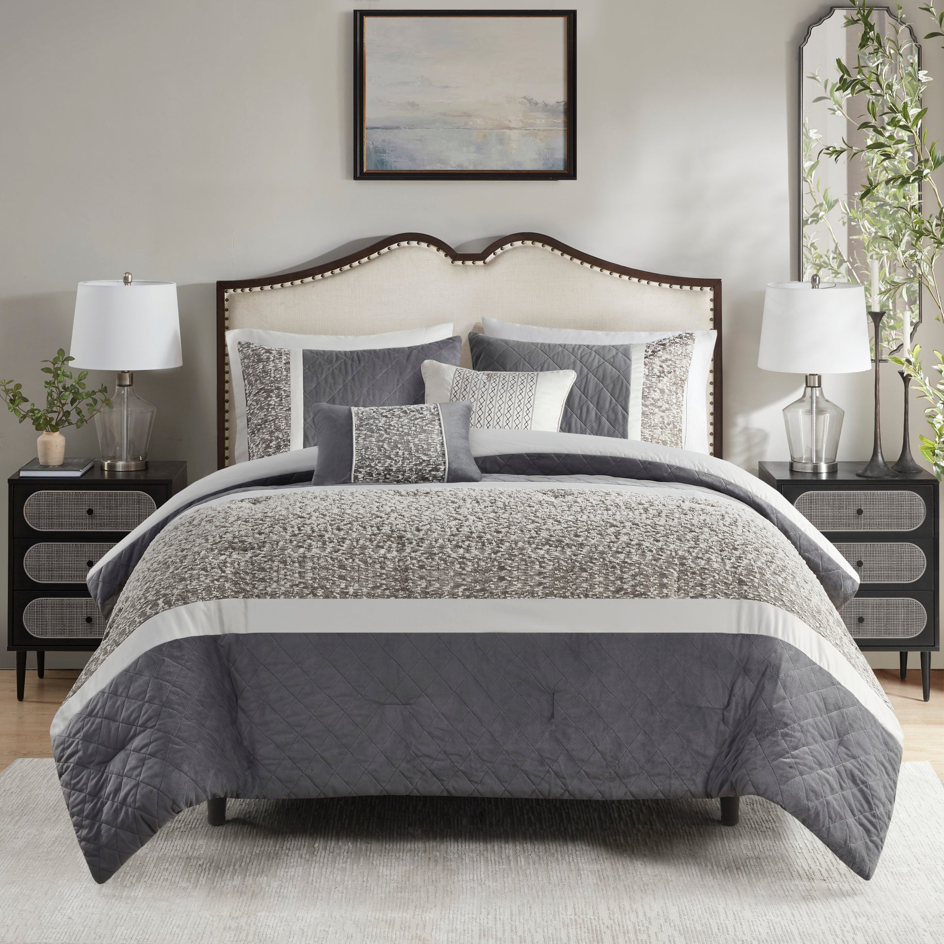 5 Piece Textured Jacquard Stripe Comforter Set With Throw Pillows Full Queen Multicolor Polyester