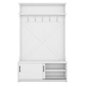 Hall Tree With Top Shelf And Storage Bench, Hallway Shoe Cabinet With Sliding Doors, Coat Rack With 5 Hanging Hooks For Entryways Hallways,White Off White Particle Board Mdf