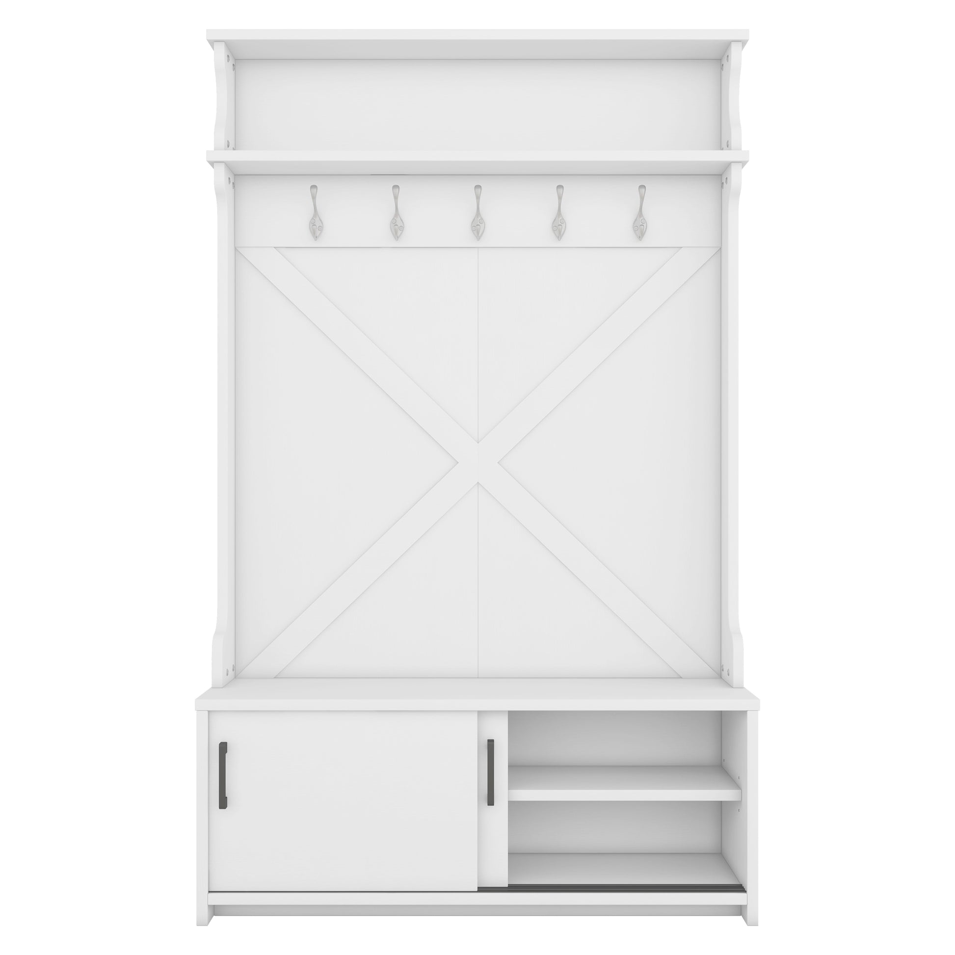 Hall Tree With Top Shelf And Storage Bench, Hallway Shoe Cabinet With Sliding Doors, Coat Rack With 5 Hanging Hooks For Entryways Hallways,White Off White Particle Board Mdf