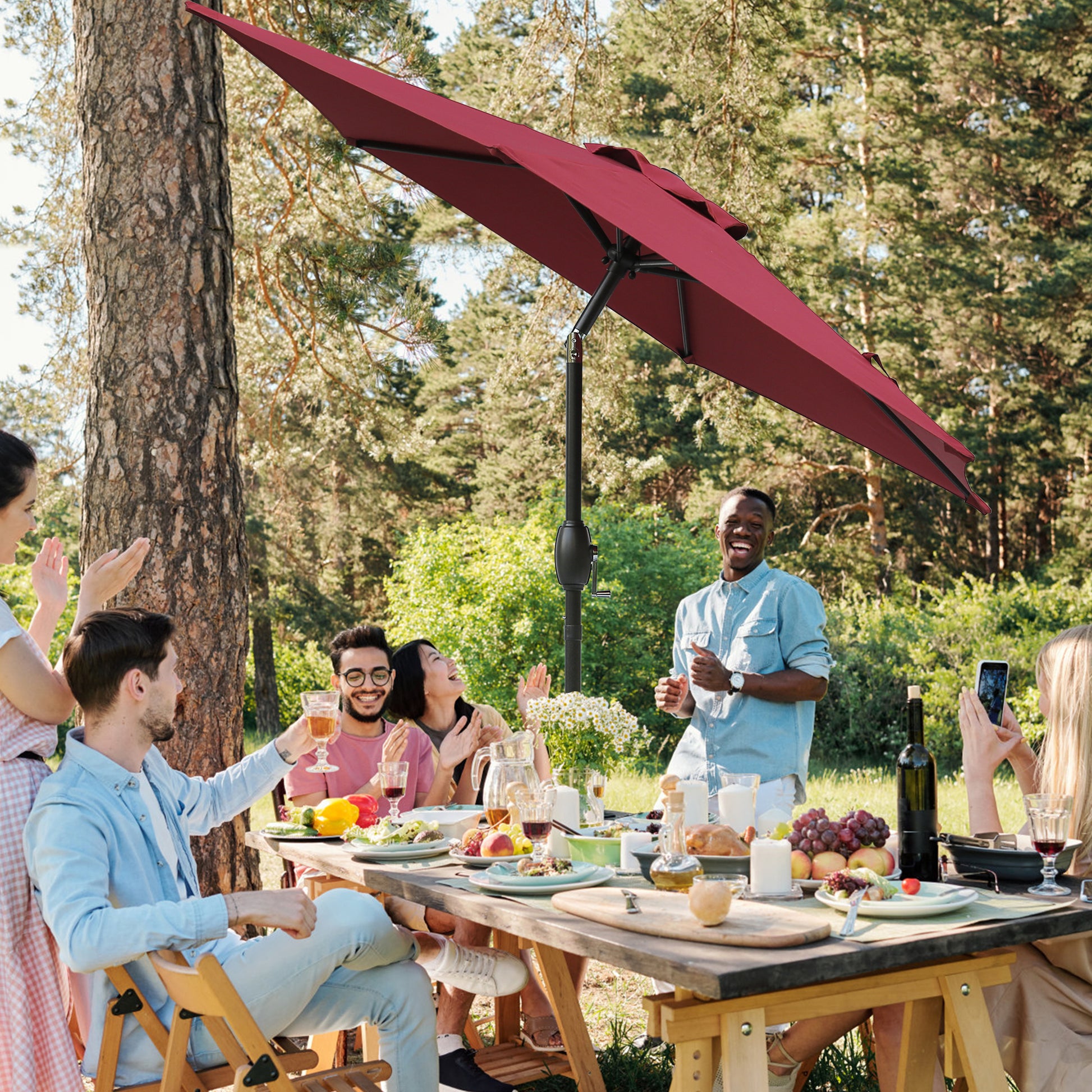 7.5Ft * 7.5Ft Patio Umbrella With Crank And Push Button Tilt, Outdoor Table Market Umbrella With Aluminum Pole Red Red Polyester